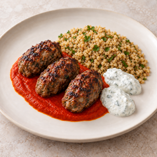Beef Kofta, Charred Pepper–Tomato Coulis and Lemon Bulgur - Fresh Start 30: A Journey To Better Health Beef Kofta, Charred Pepper–Tomato Coulis and Lemon Bulgur